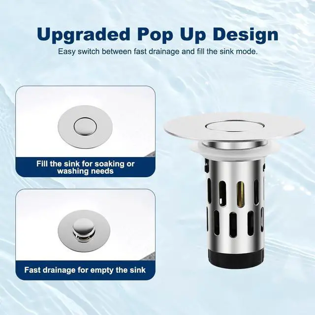 Alt view image 6 of 7 - 3-in-1 Sink Stopper Pop Up Drain Plug, Stainless Steel Hair Catcher