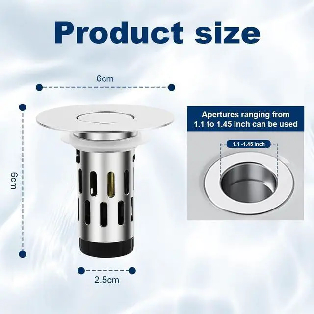 Alt view image 7 of 7 - 3-in-1 Sink Stopper Pop Up Drain Plug, Stainless Steel Hair Catcher