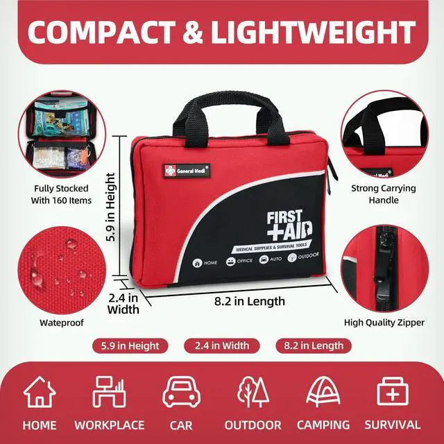 Alt view image 3 of 7 - First Aid Kit -160 Pieces Compact and Lightweight - Including Cold (Ice) Pack, Emergency Blanket, Moleskin Pad,Perfect for Travel, Home, Office, Car, Camping, Workplace (Red)