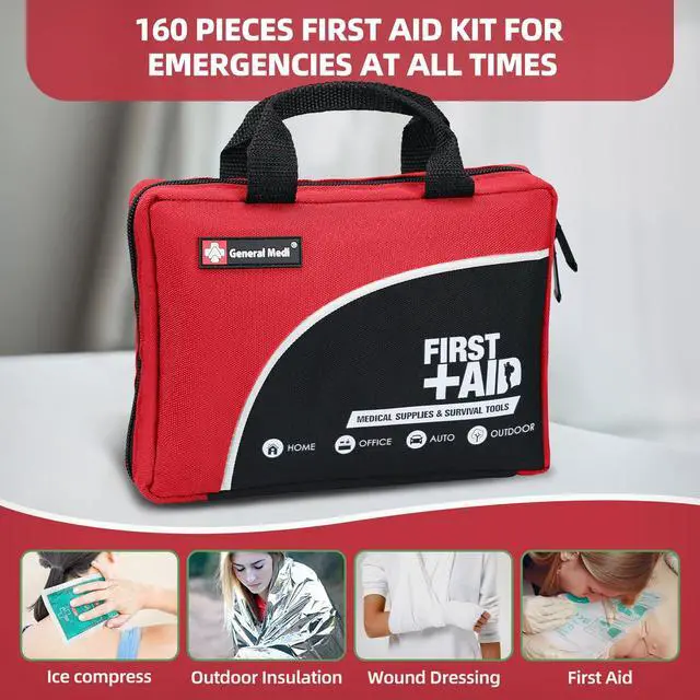 Alt view image 5 of 7 - First Aid Kit -160 Pieces Compact and Lightweight - Including Cold (Ice) Pack, Emergency Blanket, Moleskin Pad,Perfect for Travel, Home, Office, Car, Camping, Workplace (Red)