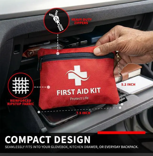 Alt view image 3 of 7 - Travel First Aid Kit for Car - Small Mini Emergency Kit, 100 Piece Waterproof First Aid Kit for Home, Camping, Boat & Hiking - Includes Emergency Blanket & First Aid Guide