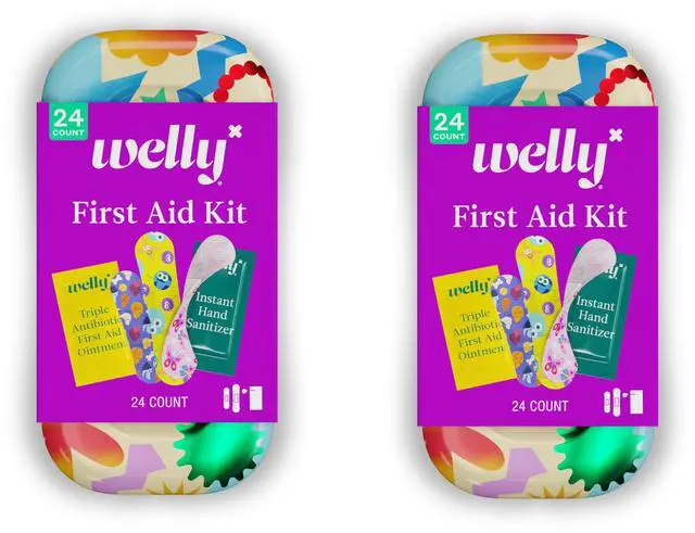 Main image of Quick Fix, On The Go First Aid Kit, Assorted Bandages, Ointments, and Hand Sanitizer, Three Color Bandages - 2 Pack