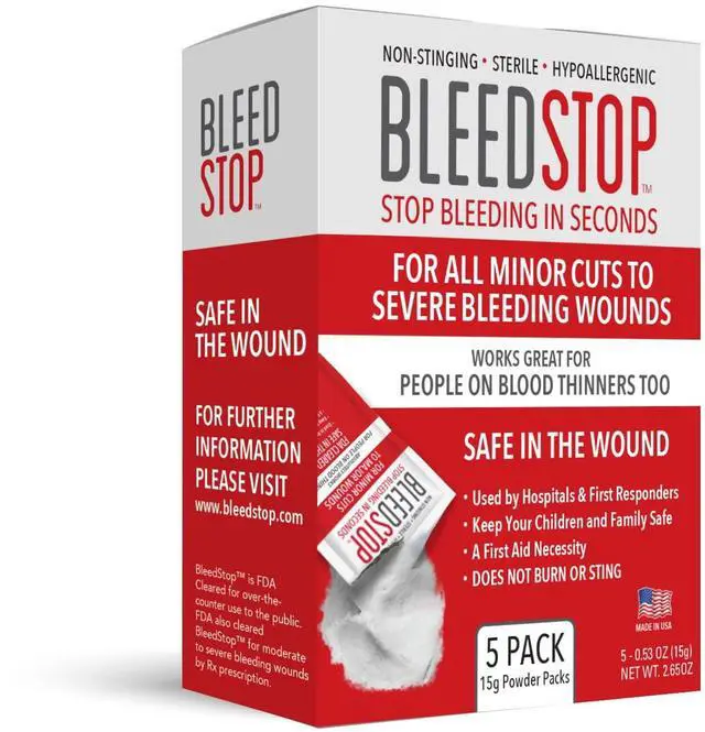 Main image of First Aid Powder for Blood Clotting, Trauma Kit, Blood Thinner Patients, Camping Safety, and Survival Equipment for Moderate to Severe Bleeding Wounds or Nosebleeds 5 Pack 15g