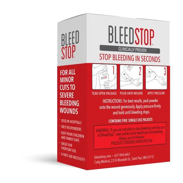 Alt view image 2 of 6 - First Aid Powder for Blood Clotting, Trauma Kit, Blood Thinner Patients, Camping Safety, and Survival Equipment for Moderate to Severe Bleeding Wounds or Nosebleeds 5 Pack 15g
