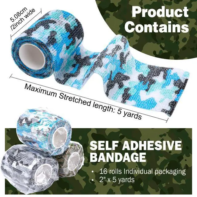 Alt view image 2 of 7 - 16 Pack Camo Self Adhesive Bandage Wrap, 2" X 5 Yards Elastic Cohesive Bandage Wrap, Athletic Tape, Vet Wrap, Ankle Tape, Tattoo Tape Wrap (Camo)