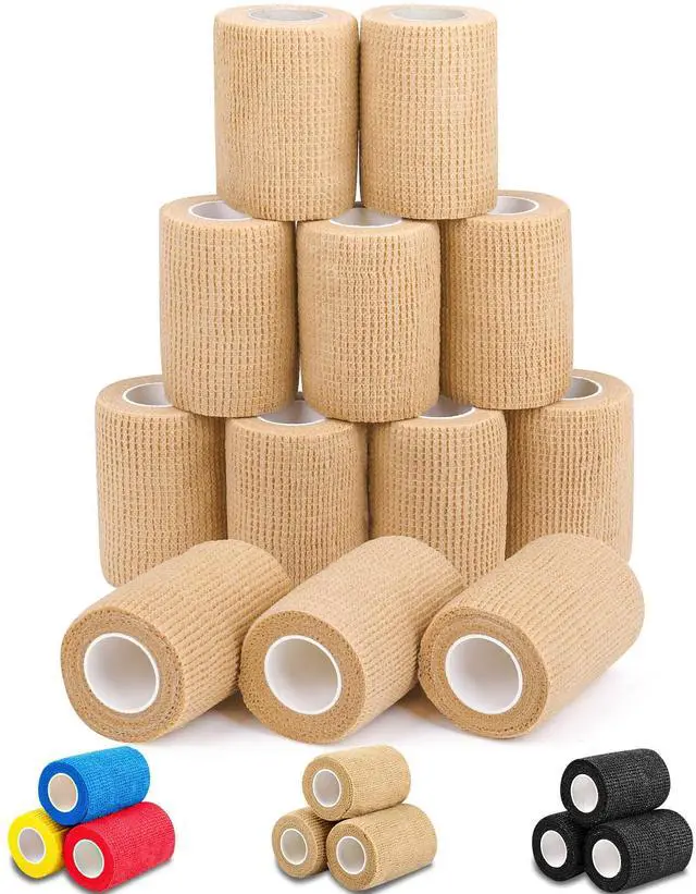 Main image of 12 Pack Self Adhesive Bandage Wrap, 3" X 5 Yards Elastic Cohesive Bandage Wrap, Vet Wrap, Ankle Tape, Tattoo Grip Tape Wrap, Skin Color Athletic Tape