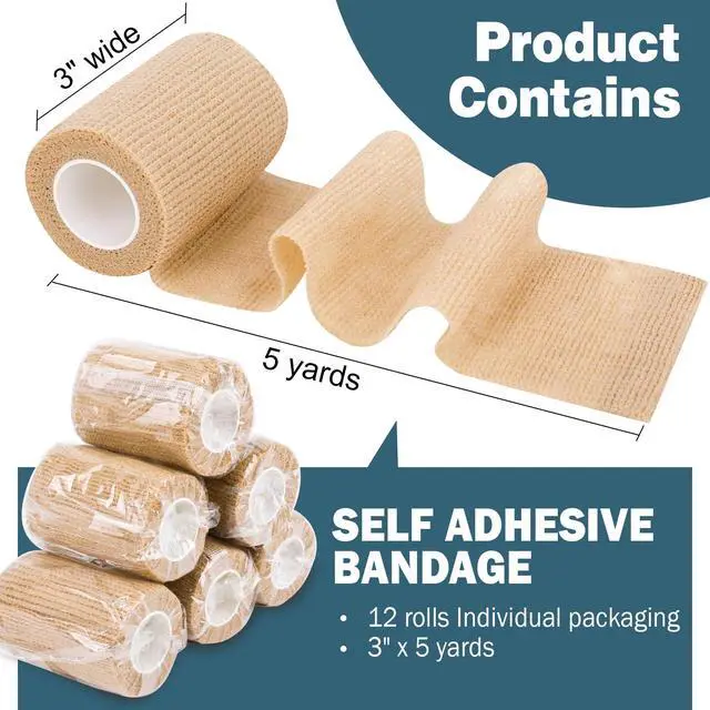 Alt view image 2 of 7 - 12 Pack Self Adhesive Bandage Wrap, 3" X 5 Yards Elastic Cohesive Bandage Wrap, Vet Wrap, Ankle Tape, Tattoo Grip Tape Wrap, Skin Color Athletic Tape