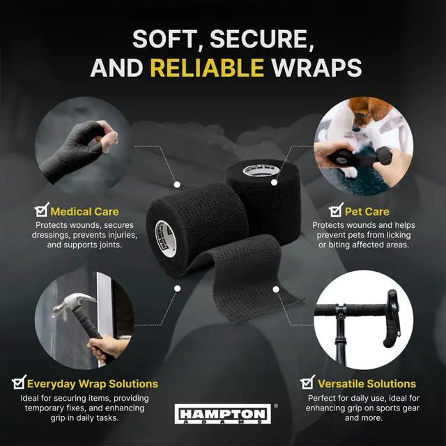 Alt view image 7 of 7 - Self Adhesive Bandage Wrap, Pet Safe, Cohesive Hold | 14 Pack, 15 ft Rolls, Breathable Elastic, No Clips Needed, for Sports Injuries Ankle Knee & Wrist Sprains, Vet Safe