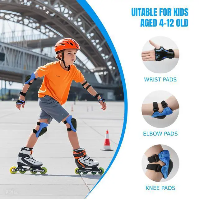 Alt view image 2 of 6 - Kids Knee Pads Elbow Pads Wrist Guards Set ,Protective Gear for 4-6-12 Boys Girls Roller Skating Scooter Skateboarding Bike (Blue, Free Size (4-12 Years or 40-80lbs))