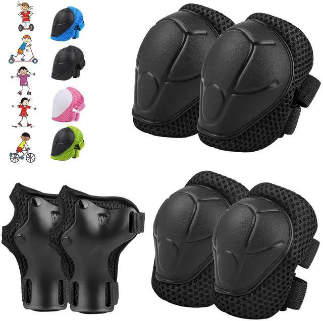Main image of 6PCS Kids Protective Gear Set Knee Pads Elbow Pads, Black/S/3-10 Age | upgraded & durable material skateboard protective gear set double size sport cycling bike roller skating scooter boys girls
