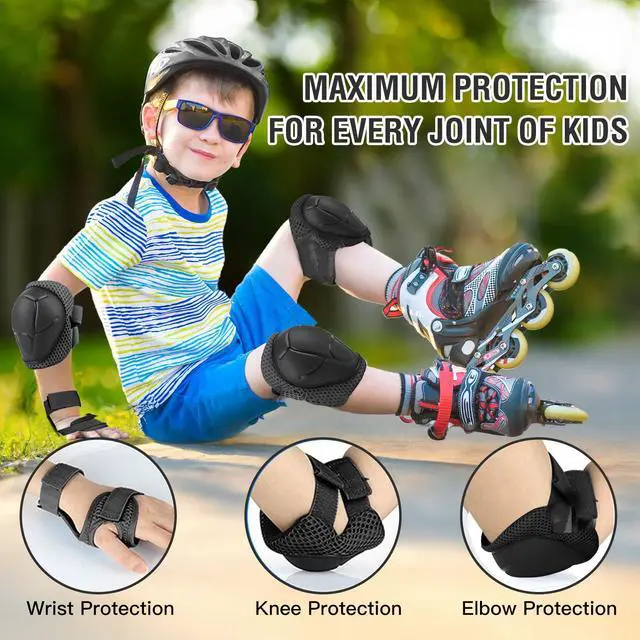 Alt view image 3 of 7 - 6PCS Kids Protective Gear Set Knee Pads Elbow Pads, Black/S/3-10 Age | upgraded & durable material skateboard protective gear set double size sport cycling bike roller skating scooter boys girls