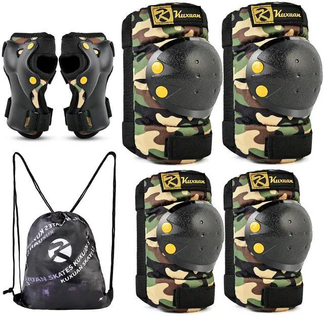 Main image of Knee Pads Elbow Pads Wrist Guards Set for Kids, Protective Gear Set for Boys Girls Skateboarding Roller Skating Cycling Scooter, Sand Camo with Drawstring Bag