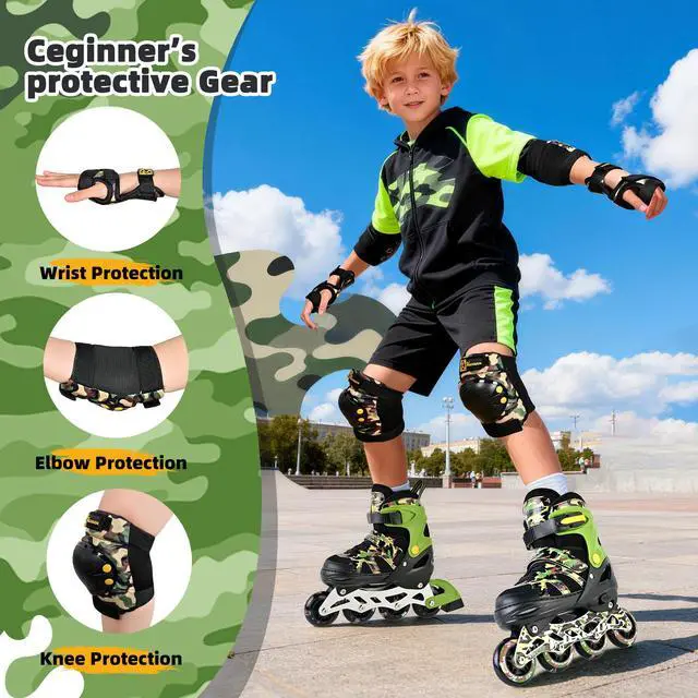 Alt view image 2 of 7 - Knee Pads Elbow Pads Wrist Guards Set for Kids, Protective Gear Set for Boys Girls Skateboarding Roller Skating Cycling Scooter, Sand Camo with Drawstring Bag