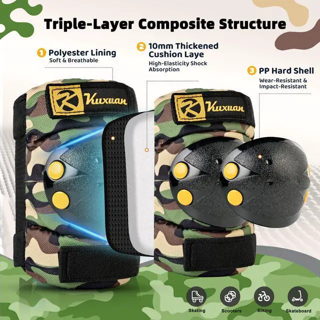 Alt view image 3 of 7 - Knee Pads Elbow Pads Wrist Guards Set for Kids, Protective Gear Set for Boys Girls Skateboarding Roller Skating Cycling Scooter, Sand Camo with Drawstring Bag