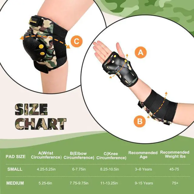 Alt view image 5 of 7 - Knee Pads Elbow Pads Wrist Guards Set for Kids, Protective Gear Set for Boys Girls Skateboarding Roller Skating Cycling Scooter, Sand Camo with Drawstring Bag