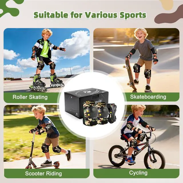 Alt view image 6 of 7 - Knee Pads Elbow Pads Wrist Guards Set for Kids, Protective Gear Set for Boys Girls Skateboarding Roller Skating Cycling Scooter, Sand Camo with Drawstring Bag