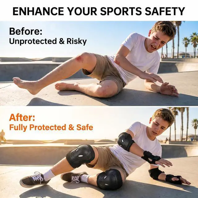 Alt view image 6 of 7 - 6 Pcs Adult Knee Elbow Wrist Protective Gear Set, Adjustable Pads and Guards for Unisex Skateboard Roller Skating Cycling Scooter (Black)