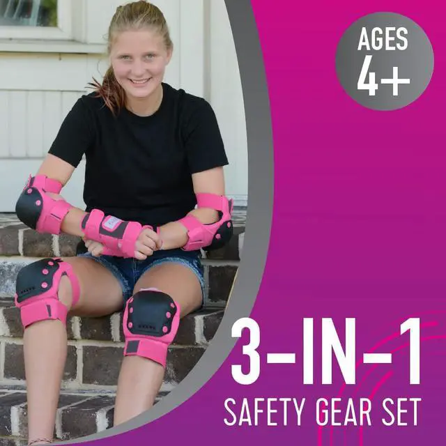 Alt view image 3 of 6 - Knee and Elbow Pads, Wrist Guards Protective Safety Gear Set - Multi Sport Protection for Skateboarding, BMX, Pogoing, Inline Skating, Scooter - Kids, Teen & Adult Sizes (Pink, Large)