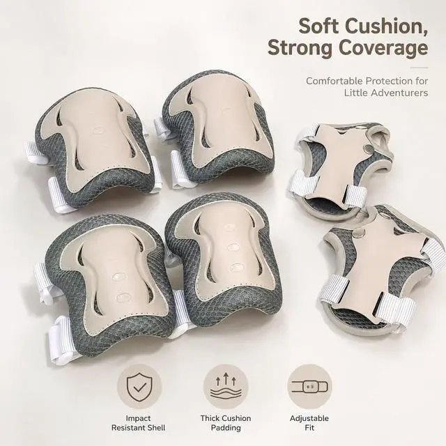 Alt view image 2 of 7 - 6pcs Kids Protective Gear Set, Knee & Elbow Pads with Wrist Guards for 2-5 Years, Impact Resistant Gear for Skateboard, Cycling, Scooter, Skating - CPSIA Certified (Morandi Gray)