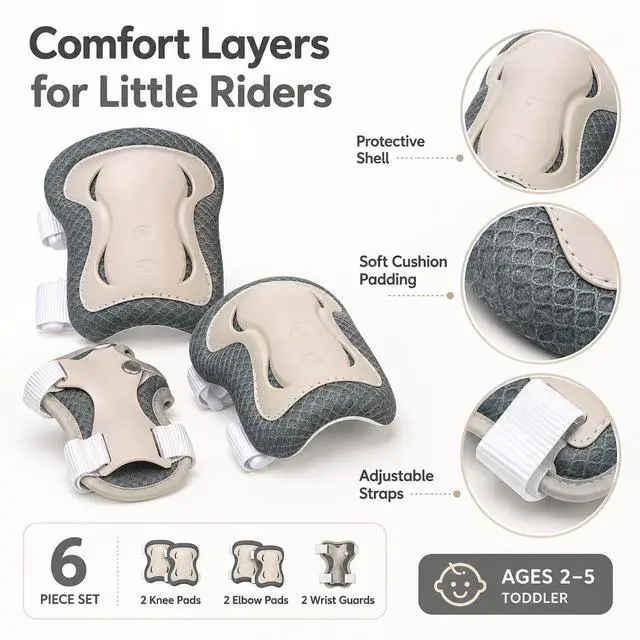 Alt view image 4 of 7 - 6pcs Kids Protective Gear Set, Knee & Elbow Pads with Wrist Guards for 2-5 Years, Impact Resistant Gear for Skateboard, Cycling, Scooter, Skating - CPSIA Certified (Morandi Gray)