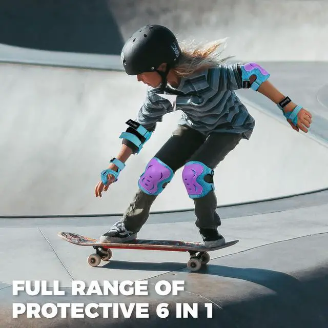 Alt view image 4 of 7 - Knee Pads for Kids Roller-Skating - Adjustable Protective Gear Set Knee Elbow Pads Wrist Guards for Bike Cycling Skateboarding Scooter Gifts 3-7 / 8-14 Years Boys Girls (Blue Purple)