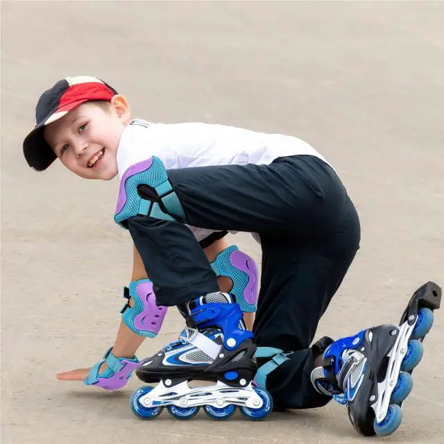 Alt view image 2 of 7 - Knee Pads for Kids Roller-Skating - Adjustable Protective Gear Set Knee Elbow Pads Wrist Guards for Bike Cycling Skateboarding Scooter Gifts 3-7 / 8-14 Years Boys Girls (Blue Purple)