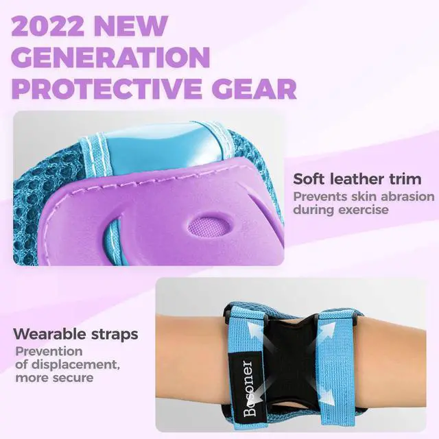 Alt view image 5 of 7 - Knee Pads for Kids Roller-Skating - Adjustable Protective Gear Set Knee Elbow Pads Wrist Guards for Bike Cycling Skateboarding Scooter Gifts 3-7 / 8-14 Years Boys Girls (Blue Purple)