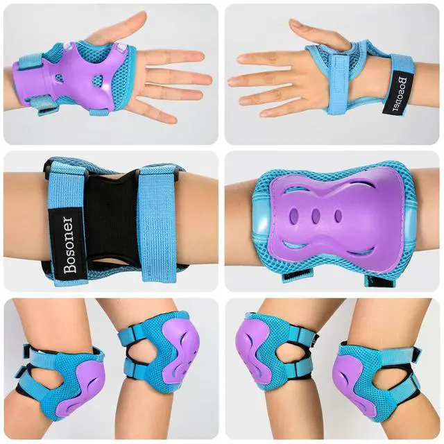 Alt view image 3 of 7 - Knee Pads for Kids Roller-Skating - Adjustable Protective Gear Set Knee Elbow Pads Wrist Guards for Bike Cycling Skateboarding Scooter Gifts 3-7 / 8-14 Years Boys Girls (Blue Purple)