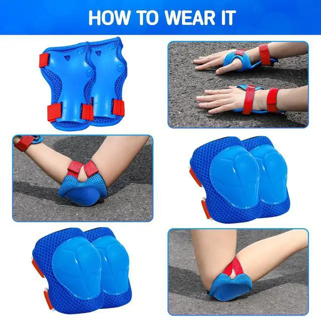 Alt view image 4 of 6 - Kids Protective Gear Set Knee Pads for Kids 3-8 Years Toddler Knee and Elbow Pads with Wrist Guards 3 in 1 for Skating Cycling Bike Rollerblading ScooterBlueRed