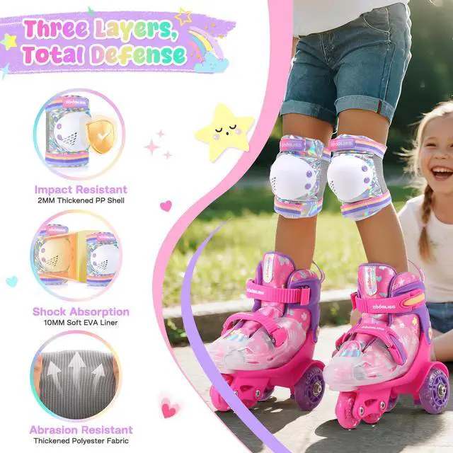 Alt view image 4 of 7 - Girls Knee Pads for Kids, Toddler Knee and Elbow Pads Set | Protective Gear Set with Wrist Guards & Drawstring Bag, Adjustable Fit for Skating, Skateboarding & Biking