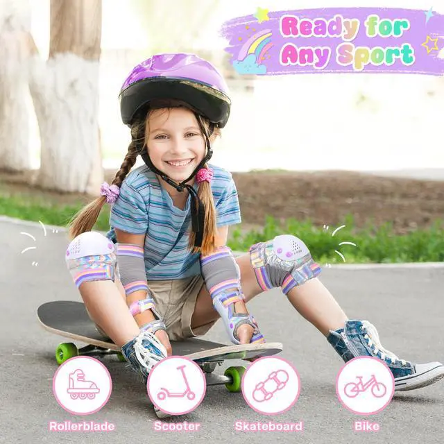 Alt view image 7 of 7 - Girls Knee Pads for Kids, Toddler Knee and Elbow Pads Set | Protective Gear Set with Wrist Guards & Drawstring Bag, Adjustable Fit for Skating, Skateboarding & Biking