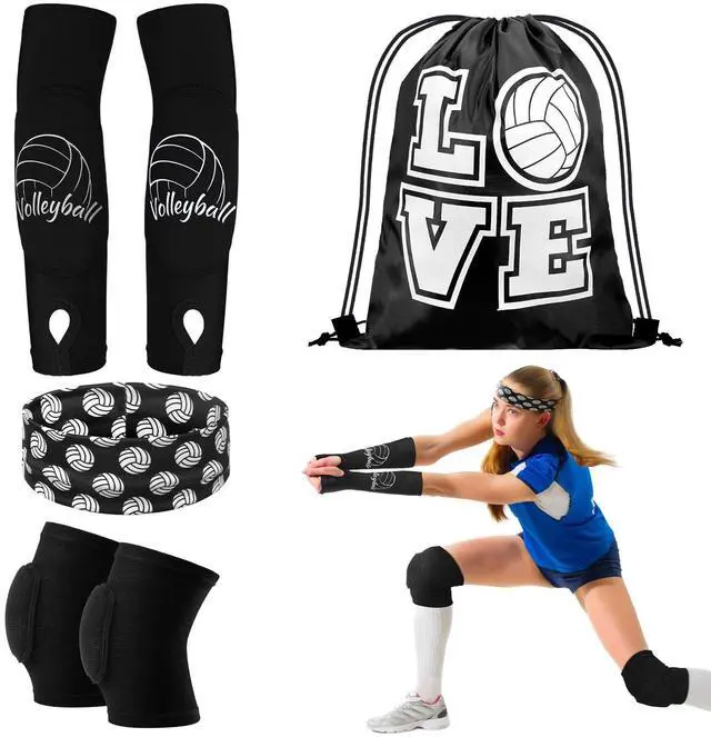 Main image of 4 Pcs Volleyball Knee Pad and Arm Sleeve Volleyball Accessories Stuff Forearm Elbow Sleeve Wrist Guard with Protection Pad and Thumb Hole for Women Men Adult(Medium,Black)