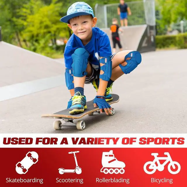 Alt view image 5 of 6 - Roller Skates Protective Gear Set for Kids - Medium, Blue - Elbow & Knee Guards with Wrist Gloves for Skateboarding Equipment - Scooter Protective Gear & Rollerblade Pads