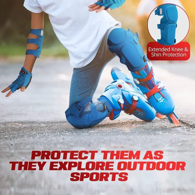 Alt view image 6 of 6 - Roller Skates Protective Gear Set for Kids - Medium, Blue - Elbow & Knee Guards with Wrist Gloves for Skateboarding Equipment - Scooter Protective Gear & Rollerblade Pads