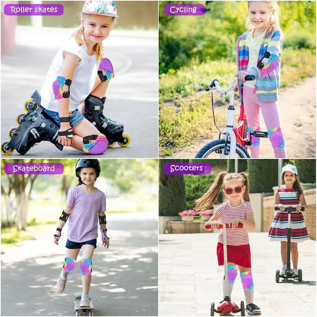 Alt view image 2 of 7 - Knee Pads for Kids Adjustable Protective Gear Set with Mesh Bag Knee Pads and Elbow Pads Wrist Guard for Girls Kids Roller Skates Cycling Skateboard Scooter, 3-8 Years, Mermaid