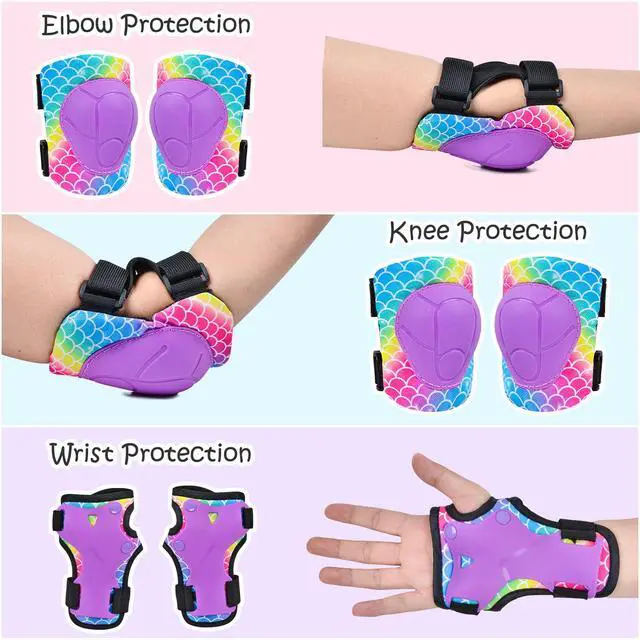 Alt view image 3 of 7 - Knee Pads for Kids Adjustable Protective Gear Set with Mesh Bag Knee Pads and Elbow Pads Wrist Guard for Girls Kids Roller Skates Cycling Skateboard Scooter, 3-8 Years, Mermaid