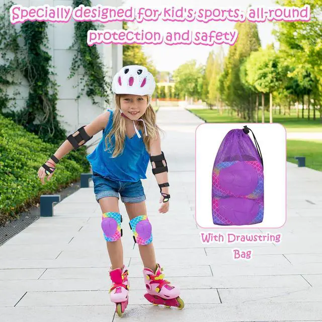 Alt view image 7 of 7 - Knee Pads for Kids Adjustable Protective Gear Set with Mesh Bag Knee Pads and Elbow Pads Wrist Guard for Girls Kids Roller Skates Cycling Skateboard Scooter, 3-8 Years, Mermaid