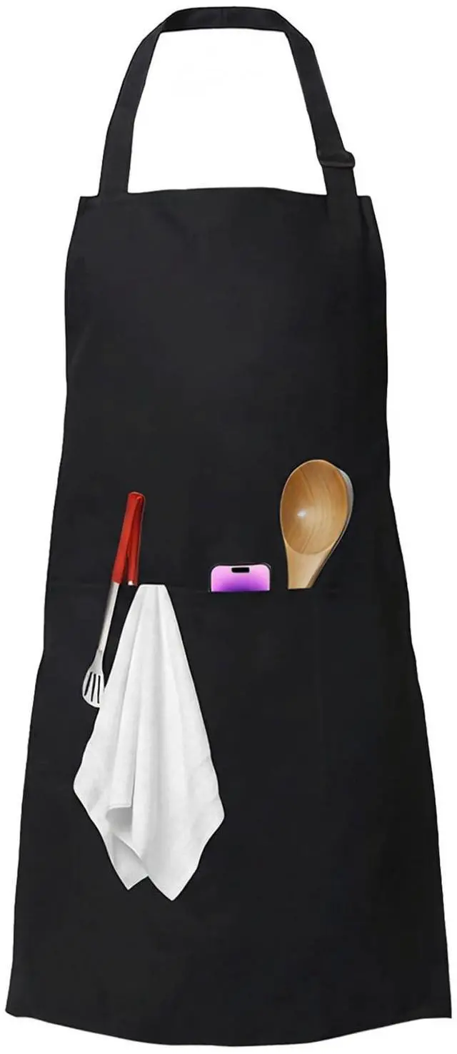Main image of Adults Chef Cooking Kitchen Apron for Men Women, Black | Stain Resistant, Bib Aprons with 2 Pockets and Adjustable Neck Strap, Ideal for Gardening, Painting, Baking, Grilling and BBQ