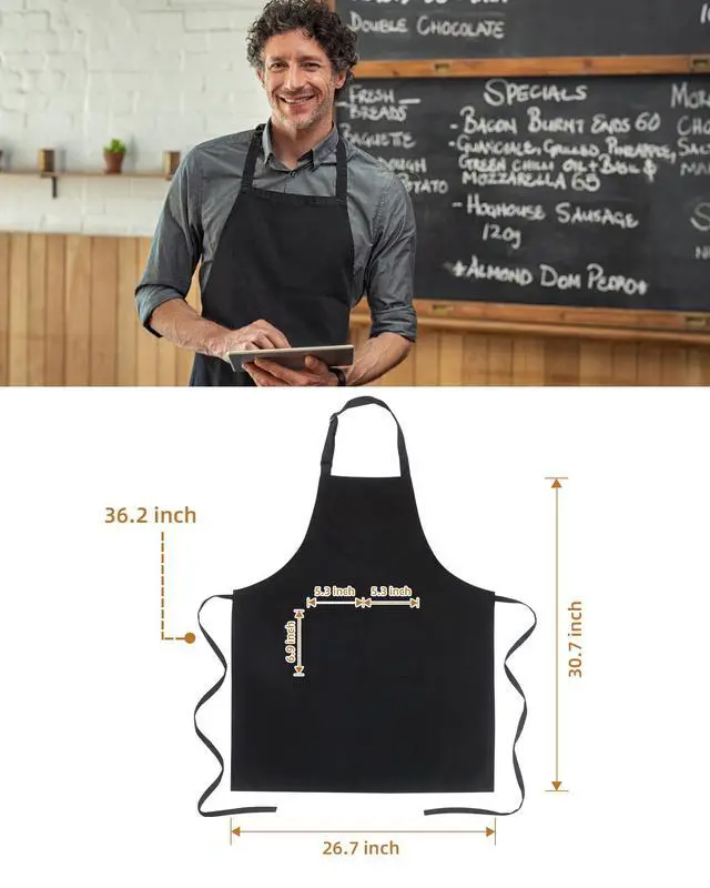Alt view image 3 of 6 - Adults Chef Cooking Kitchen Apron for Men Women, Black | Stain Resistant, Bib Aprons with 2 Pockets and Adjustable Neck Strap, Ideal for Gardening, Painting, Baking, Grilling and BBQ