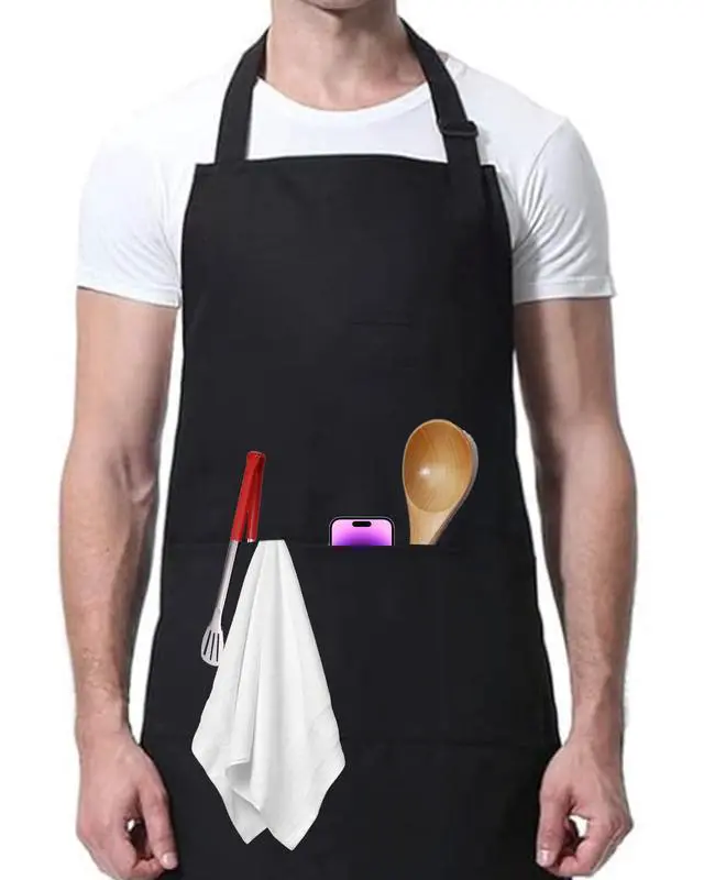 Alt view image 6 of 6 - Adults Chef Cooking Kitchen Apron for Men Women, Black | Stain Resistant, Bib Aprons with 2 Pockets and Adjustable Neck Strap, Ideal for Gardening, Painting, Baking, Grilling and BBQ