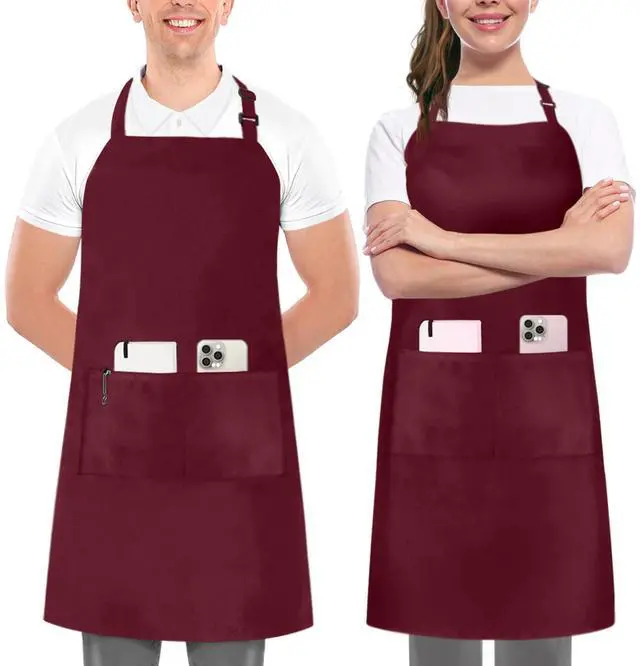 Main image of Bib Aprons 2 Pack Adjustable With 2 Pockets Burgundy | Chef Apron, Men and Women, Water and Oil Resistant, Cooking Kitchen Use, Durable Fabric, Restaurant and Home Use