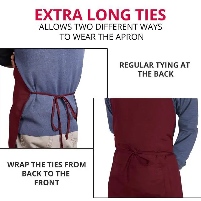 Alt view image 6 of 7 - Bib Aprons 2 Pack Adjustable With 2 Pockets Burgundy | Chef Apron, Men and Women, Water and Oil Resistant, Cooking Kitchen Use, Durable Fabric, Restaurant and Home Use