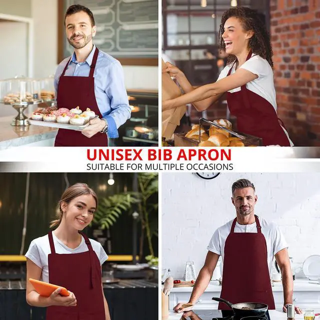 Alt view image 5 of 7 - Bib Aprons 2 Pack Adjustable With 2 Pockets Burgundy | Chef Apron, Men and Women, Water and Oil Resistant, Cooking Kitchen Use, Durable Fabric, Restaurant and Home Use