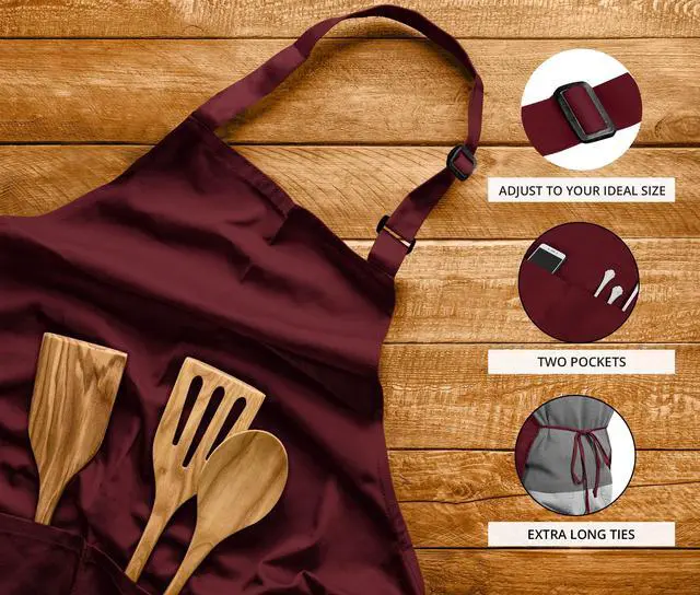 Alt view image 4 of 7 - Bib Aprons 2 Pack Adjustable With 2 Pockets Burgundy | Chef Apron, Men and Women, Water and Oil Resistant, Cooking Kitchen Use, Durable Fabric, Restaurant and Home Use