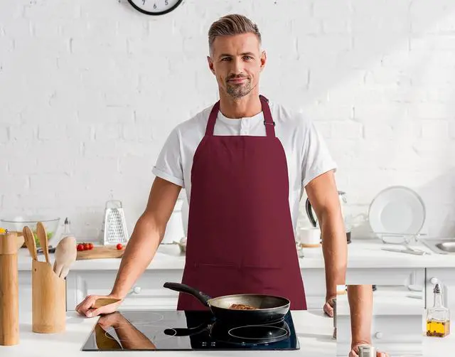 Alt view image 7 of 7 - Bib Aprons 2 Pack Adjustable With 2 Pockets Burgundy | Chef Apron, Men and Women, Water and Oil Resistant, Cooking Kitchen Use, Durable Fabric, Restaurant and Home Use