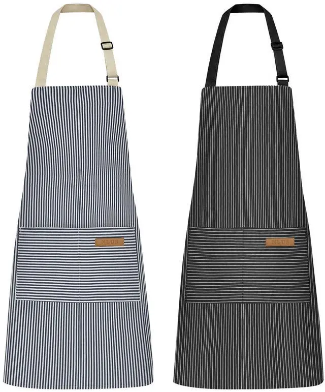 Main image of 2 Pcs Kitchen Cooking Aprons, Poly/Cotton Blend Adjustable Soft Bib Stripe Aprons with 2 Pockets for Women Men Chef (Blue Pinstripes/Black Pinstripes)