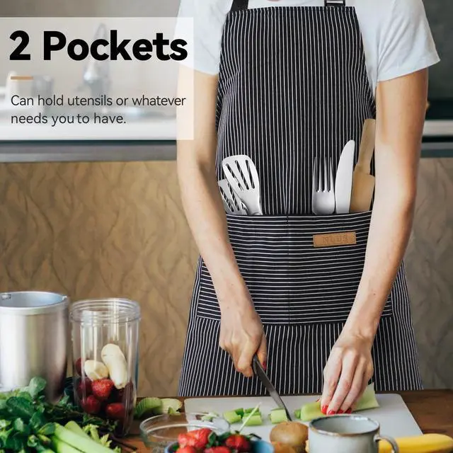 Alt view image 2 of 7 - 2 Pcs Kitchen Cooking Aprons, Poly/Cotton Blend Adjustable Soft Bib Stripe Aprons with 2 Pockets for Women Men Chef (Blue Pinstripes/Black Pinstripes)