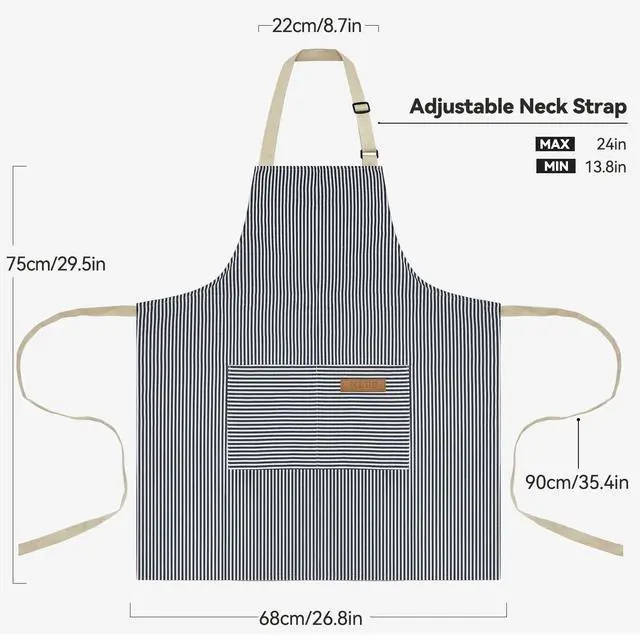 Alt view image 5 of 7 - 2 Pcs Kitchen Cooking Aprons, Poly/Cotton Blend Adjustable Soft Bib Stripe Aprons with 2 Pockets for Women Men Chef (Blue Pinstripes/Black Pinstripes)