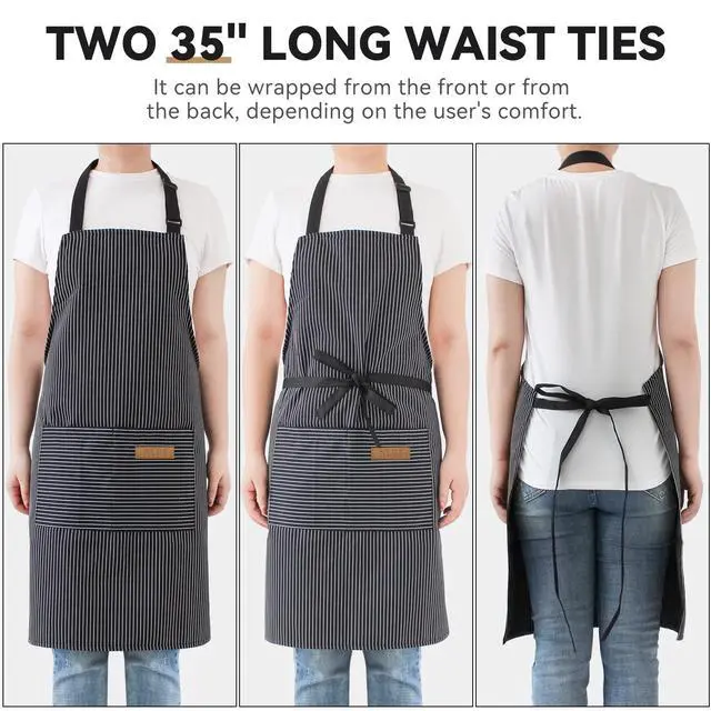 Alt view image 6 of 7 - 2 Pcs Kitchen Cooking Aprons, Poly/Cotton Blend Adjustable Soft Bib Stripe Aprons with 2 Pockets for Women Men Chef (Blue Pinstripes/Black Pinstripes)