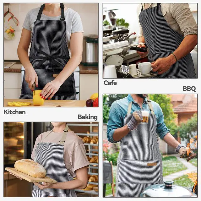 Alt view image 7 of 7 - 2 Pcs Kitchen Cooking Aprons, Poly/Cotton Blend Adjustable Soft Bib Stripe Aprons with 2 Pockets for Women Men Chef (Blue Pinstripes/Black Pinstripes)